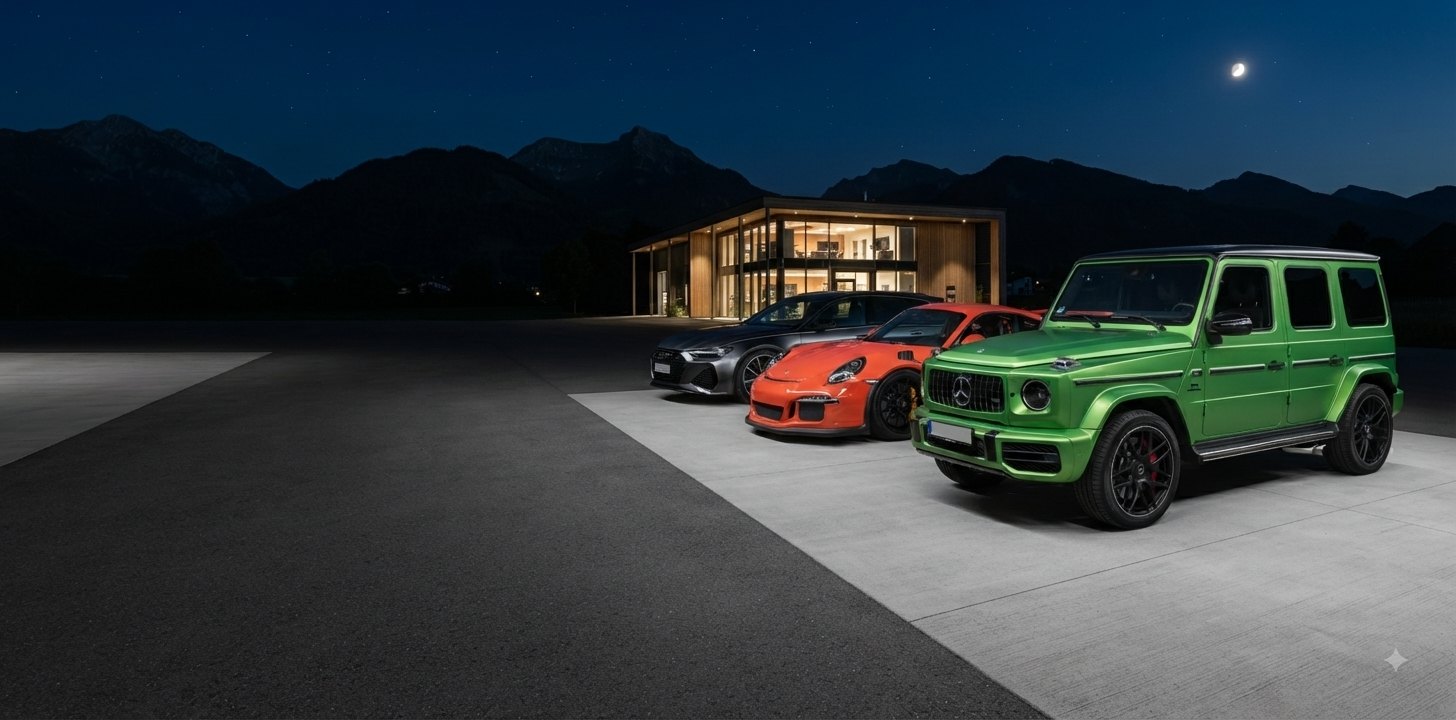 Fahrzeuge auf dem Hof von x-automobile in Sonthofen bei Nacht, im Hintergrund die Allgäuer Berge